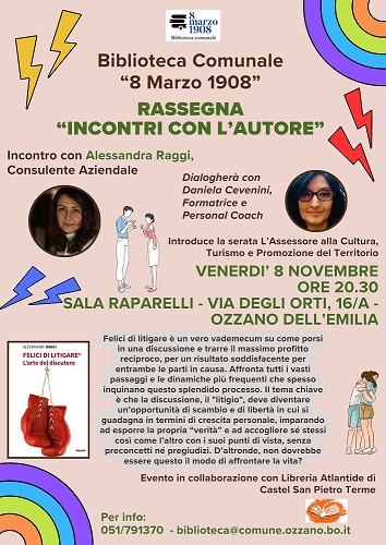 Alessandra Raggi presenterà la sua opera "Felici di litigare: l'arte del discutere"  venerdì 8 novembre.