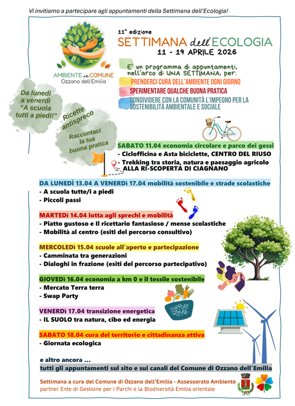 Ozzano Emilia 11-19 Aprile 2026: Riparte la Settimana dell'ecologia! Una settimana interamente dedicata all'ecologia, in tutte le sue declinazioni. Tante le iniziative sul territorio per sensibilizzare la comunità sui temi ambientali.
