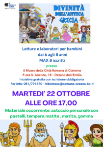 Martedì 22 ottobre prosegue al Museo di Claterna la rassegna “Storie della storia”, letture per l’infanzia a cura della Biblioteca comunale “8 marzo 1908” di Ozzano dell’Emilia.