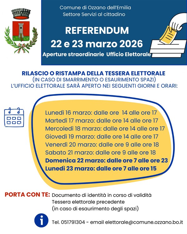 Referendum 22 e 23 marzo 2026: Aperture straordinarie Ufficio Elettorale