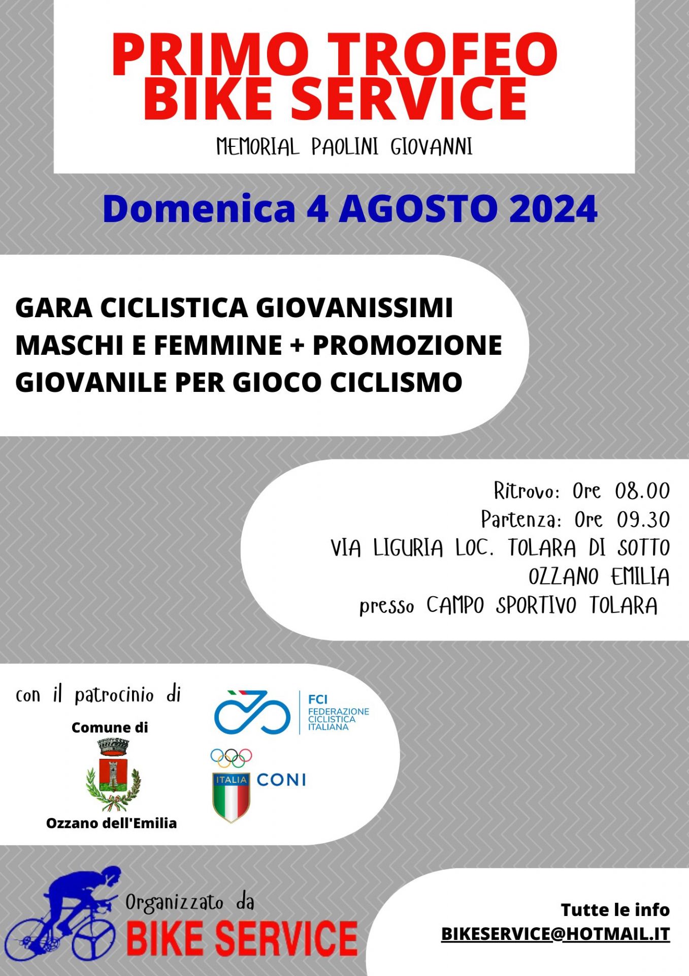 Domenica 4 agosto si svolgerà il Primo Torneo - Memorial Paolini Giovanni, promosso dalla società Bike service di Ozzano