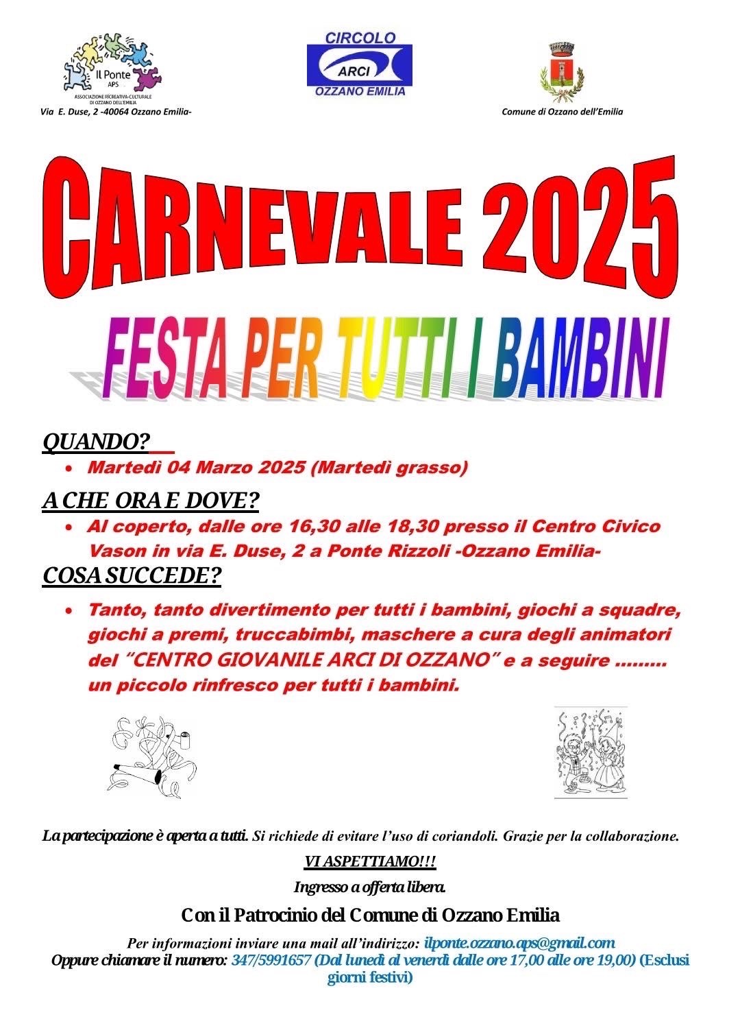locandina Carnevale 2025 - festa per i bambini a Ponte Rizzoli (martedì grasso)