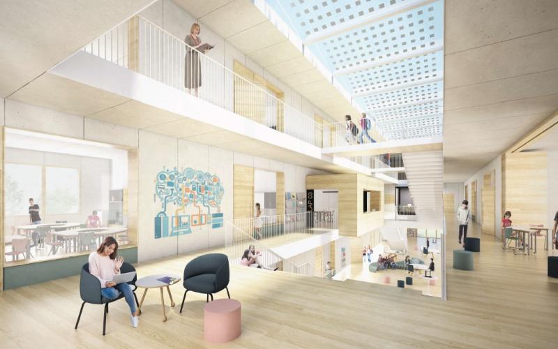 Rendering della nuova scuola media E. Panzacchi in cui avrà sede l'Istituto comprensivo di Ozzano