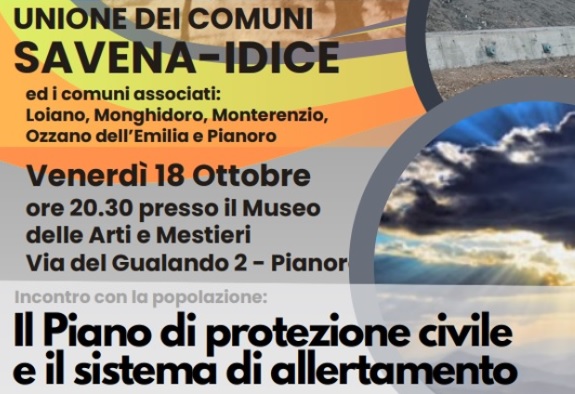 L’Unione organizza un incontro pubblico a Pianoro (Bo) venerdì 18 ottobre 2024 per illustrare alla popolazione i contenuti dei Piani di Protezione Civile ed il servizio Alert System,