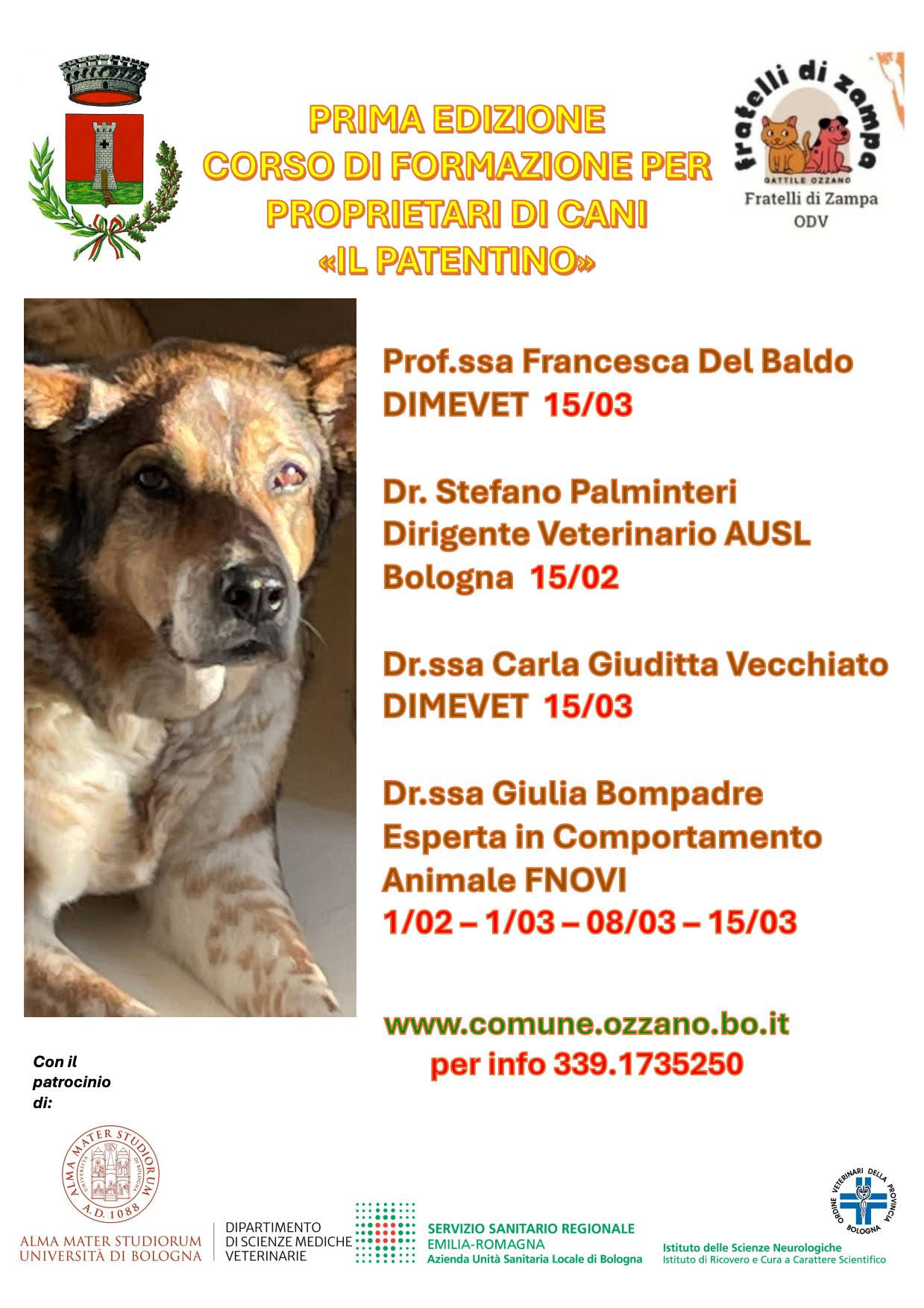 Incontri febbraio-marzo per il  ‘Patentino’ per cani a Ozzano dell’Emilia