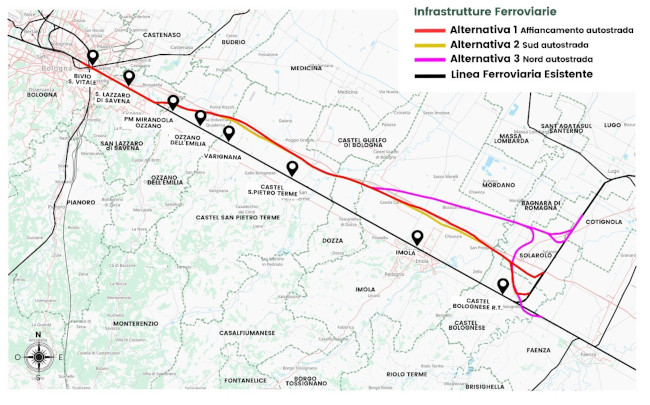 I tracciati ipotizzati inizialmente della nuova linea ferroviaria Bologna-Rimini (direttrice adriatica europea)